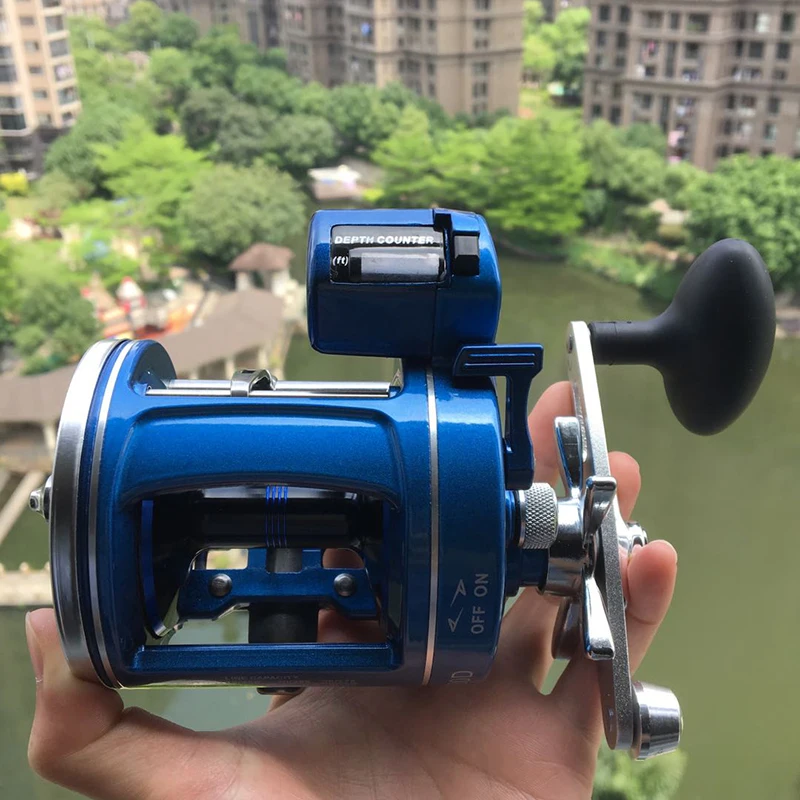 YUMOSHI 30D 50D Metal 12BB Bait Casting Drum Fishing Reel Trolling Fishing Reel with 999FT Depth Finder Counter Meter Gauge