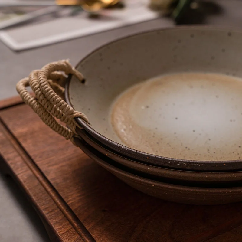 Japanese-Style Ceramic Tableware Braided Rope Double Ear Plate Carrying Plate Fruit Bowl Creative Retro Soup Plate