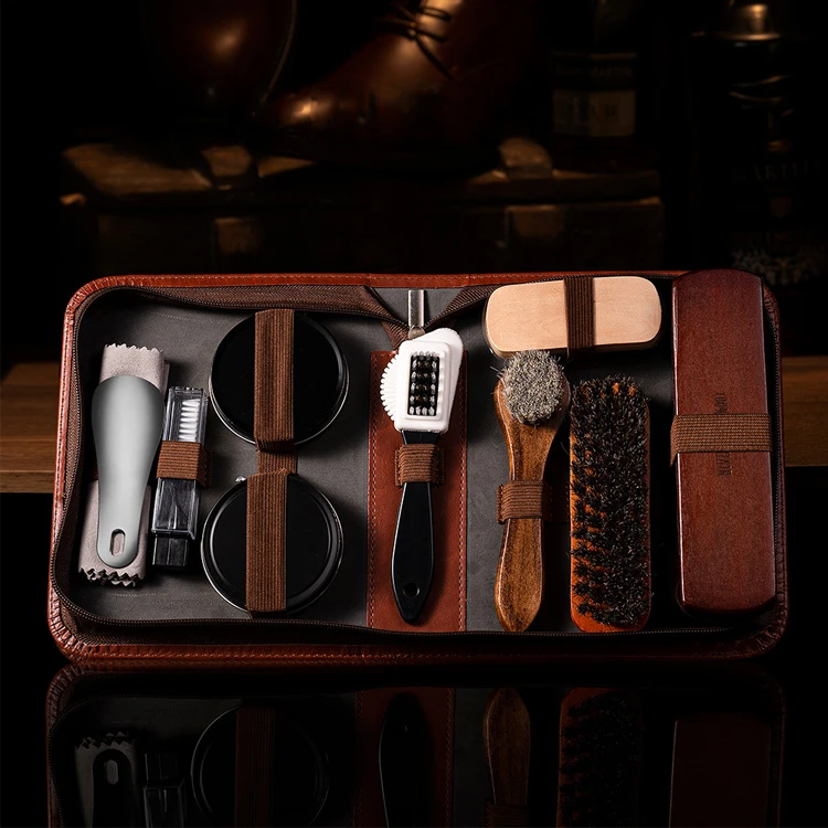 7pcs men and women leather shoes cleaning care tool accessories kit with shoe oil and horse hair brush