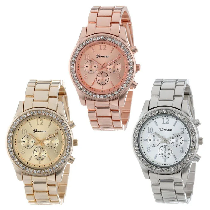 Hot Selling Ladies Diamond Stainless Steel Quartz Wrist Rose Gold Silver  Geneva Watch For Women GW-1011