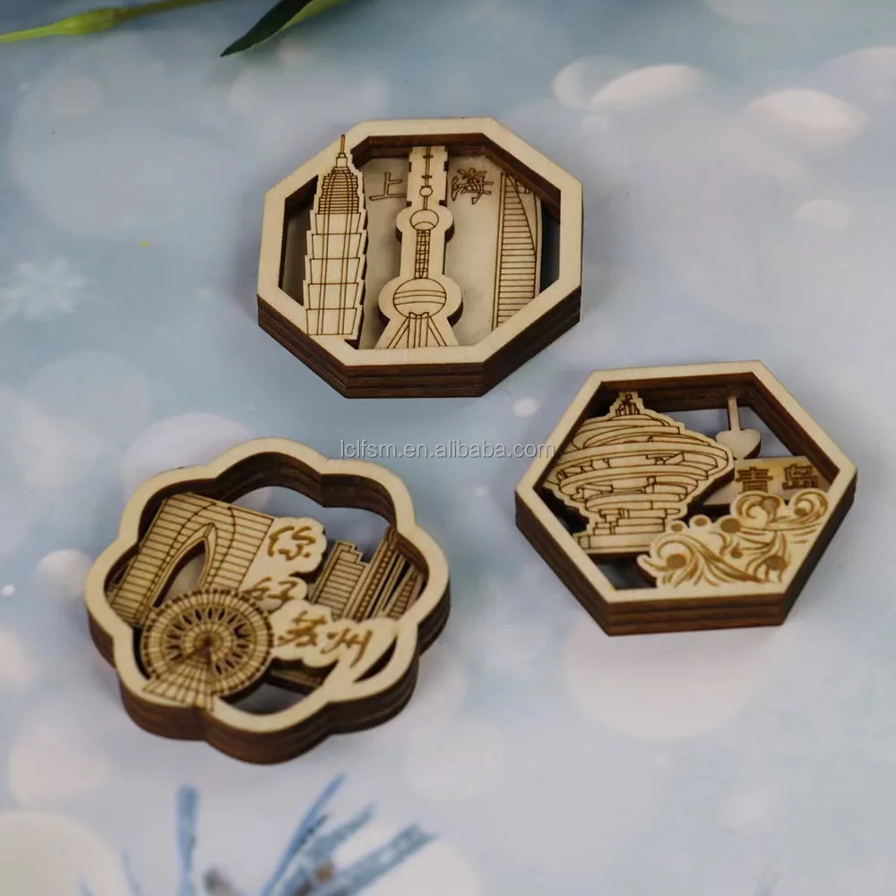 Cultural and creative large wooden fridge magnets featuring iconic urban architectural design