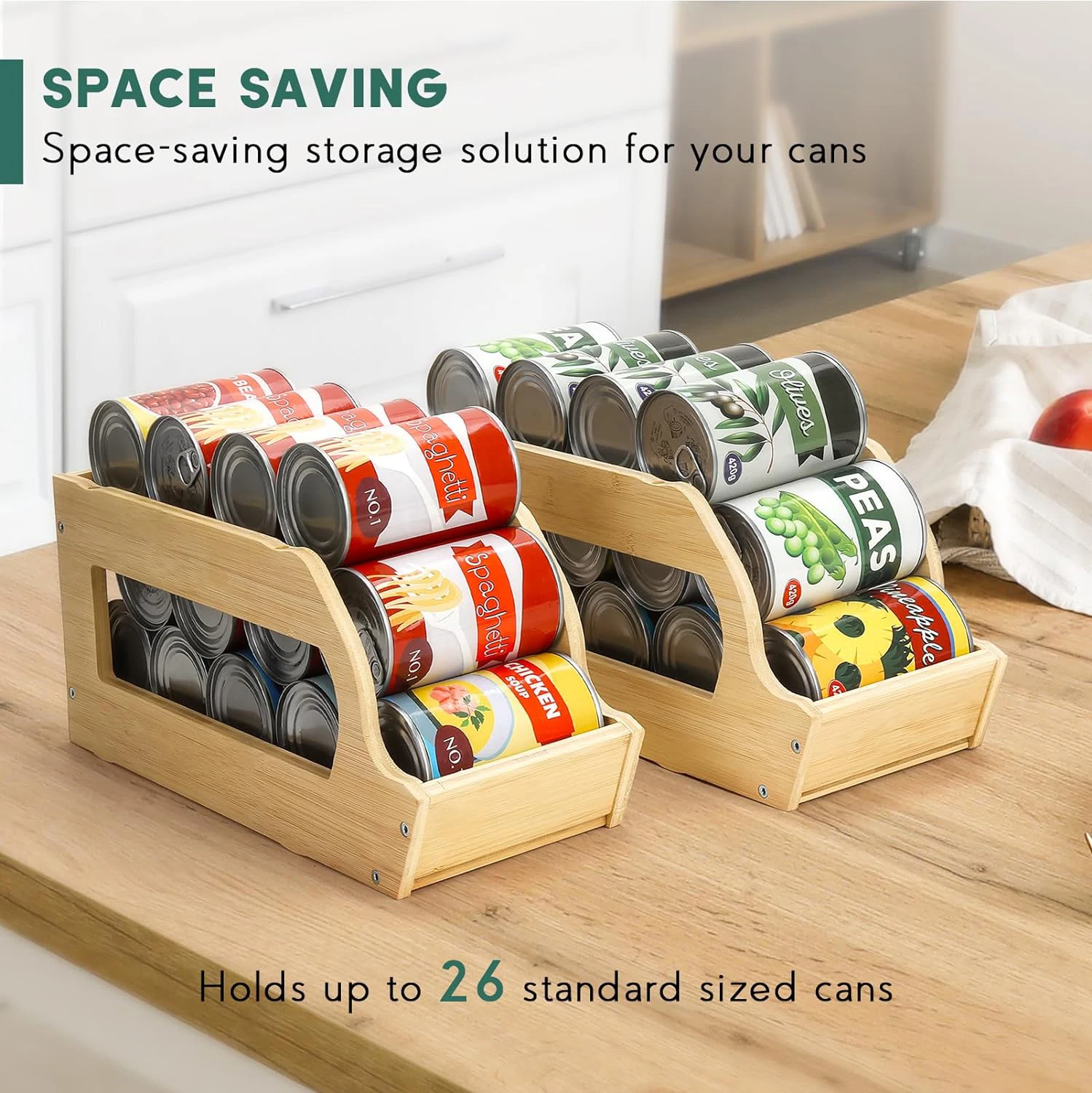Bamboo Can Organizers and Storage for Pantry Soda Can Organizer Beverage Drink Holders Stackable Canned Goods Organizer
