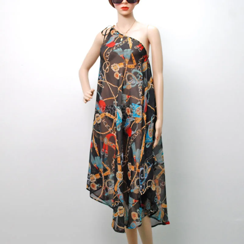 Summer Chiffon Sling Slanted Casual Holiday Lady Beach Printed Women Casual Dresses Ladies Sleeveless Beach Dresses For Ladies