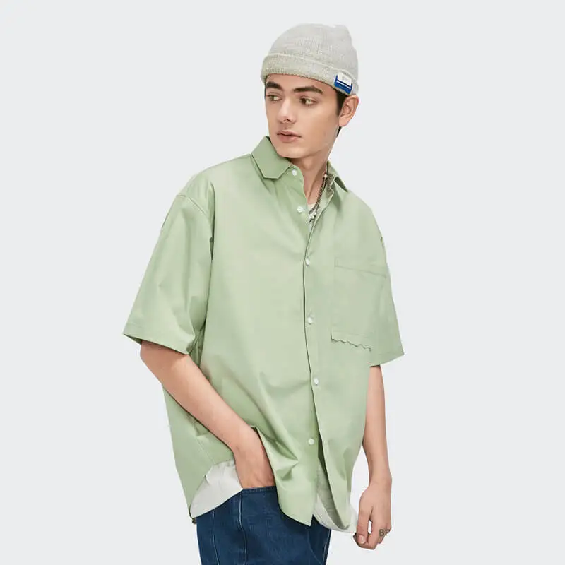 Men Button Up Shirt Custom Logo Vintage Style Oversized Stand Collar Mens Short Sleeve Shirts With Chest Pocket Streetwear