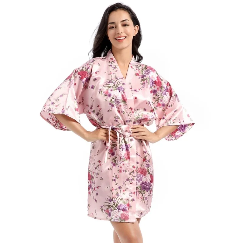 2022 Hot Sale  Women Floral Satin Bathrobe Bridal Dressing Gown Wedding Bride Bridesmaid Kimono Sleepwear
