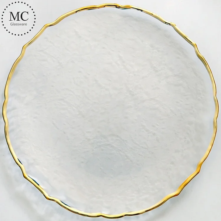 Flower shape dinnerware 13 inch gold rimmed glass dinner plate for Wedding decoration charger plates for wedding