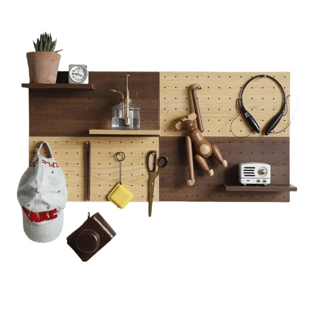 Wooden Pegboard DIY Storage and Display Panels with Shelves and Brass Hooks(Yellow)