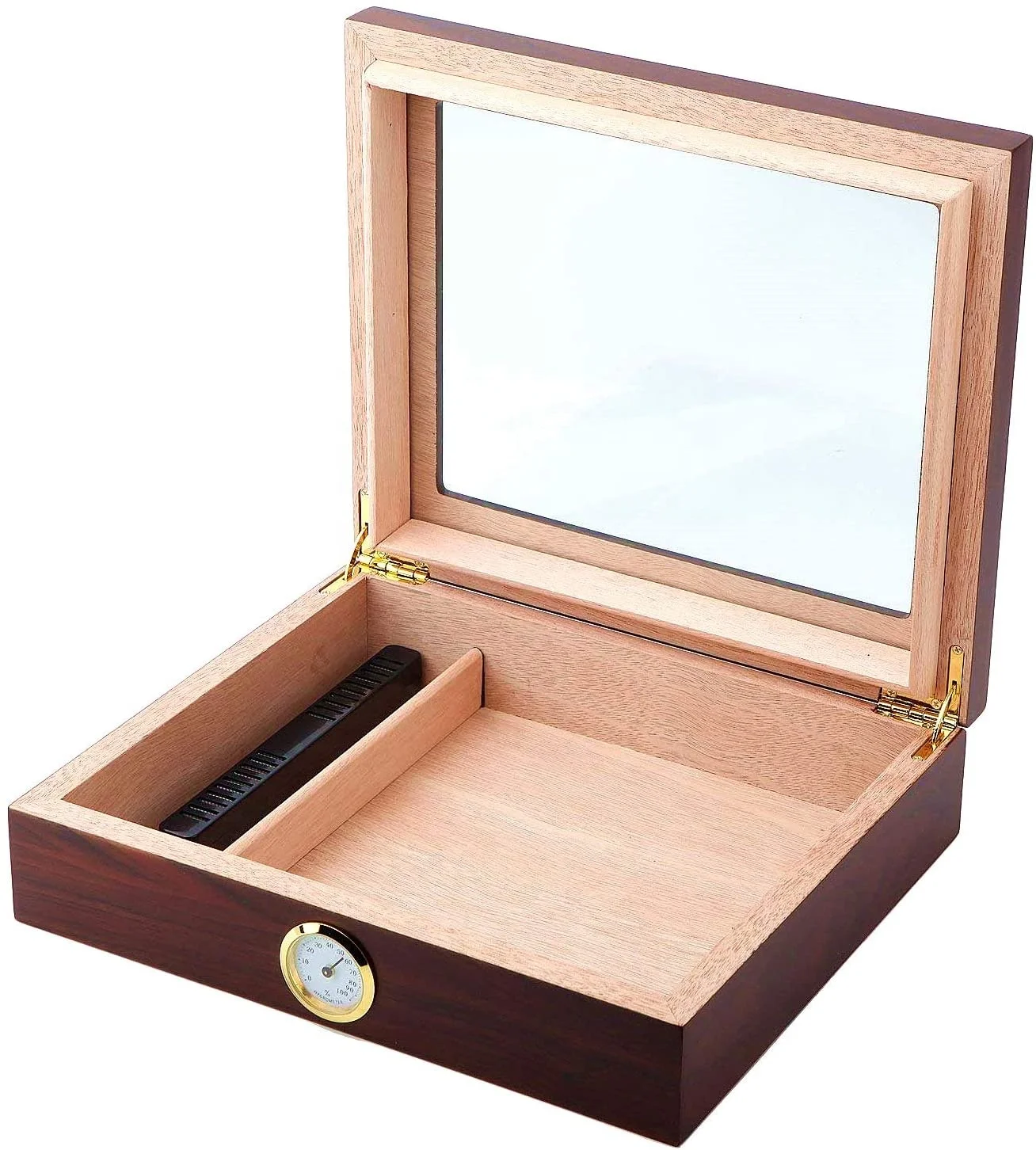 Glass Top 25 Cigars  Travel Handmade Cigar Humidor, Cedar Cigar Desktop Box with Humidifier and Hygrometer