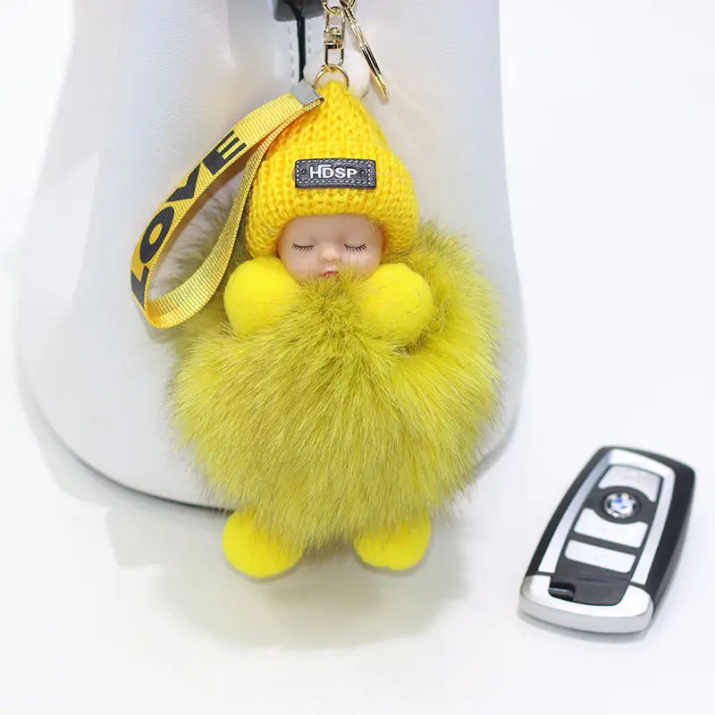 Wholesale Puff Ball Real Fox Fur Ball Pendant Key Chain Cute Sleeping Doll Plush Accessories Car KeyRing Pompom