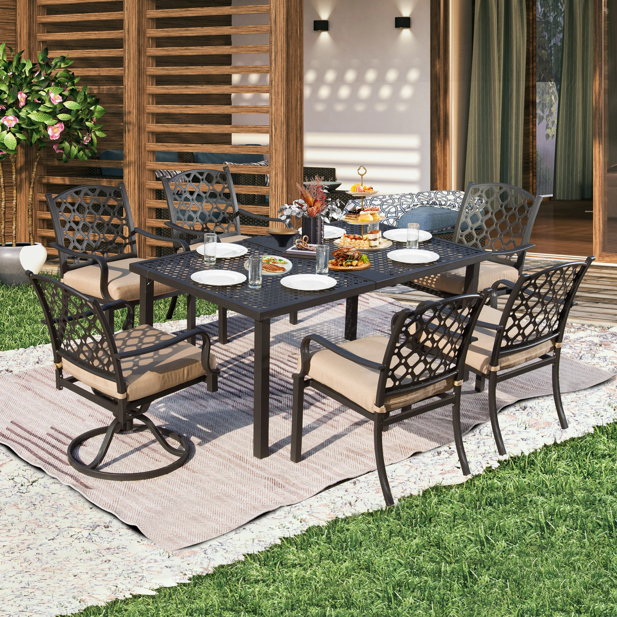 High Quality Outdoor Dining Set Patio Extendable Table with Swivel Chairs Rattan Iron Materials for Courtyard Garden Hotels