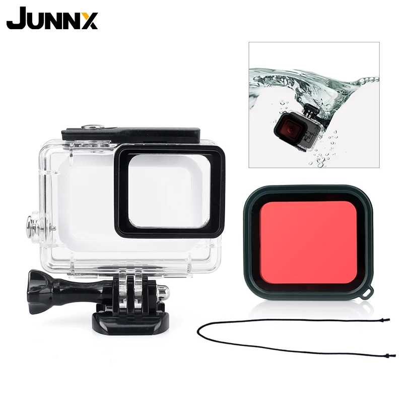 JUNNX 45 Deep Diving Protective Cover Waterproof Black Silver Go Pro Case for Gopro Hero 7 6 5 with Base Mount Red Filter