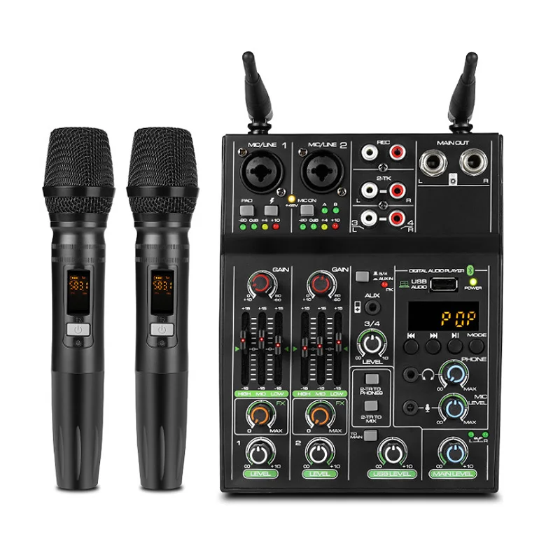 Portable Mini Mixer  For Phone Live Broadcast Home Music ProductionUSB 4 Channel Audio Mixer with wireless microphone