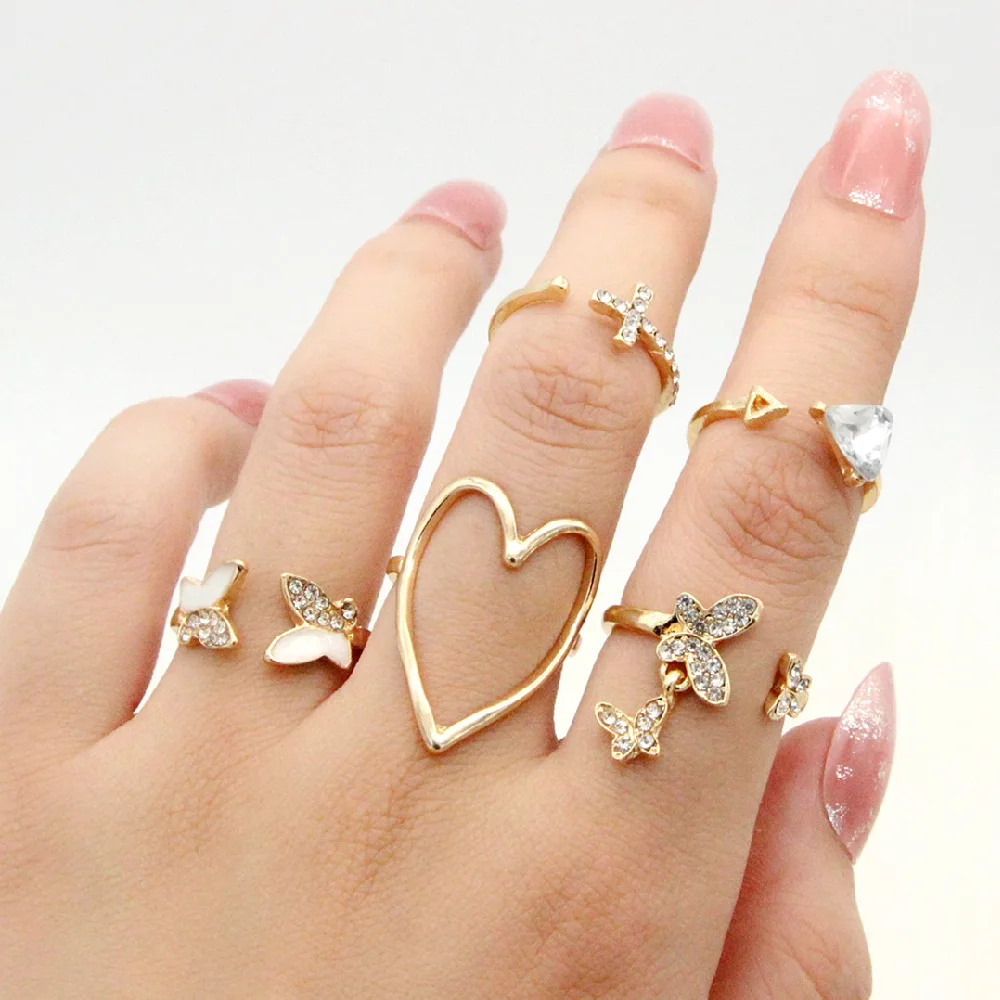 2021 New arrival jewelry triangle cross gold love butterfly  diamond  rings knuckle ring set for women wedding rings