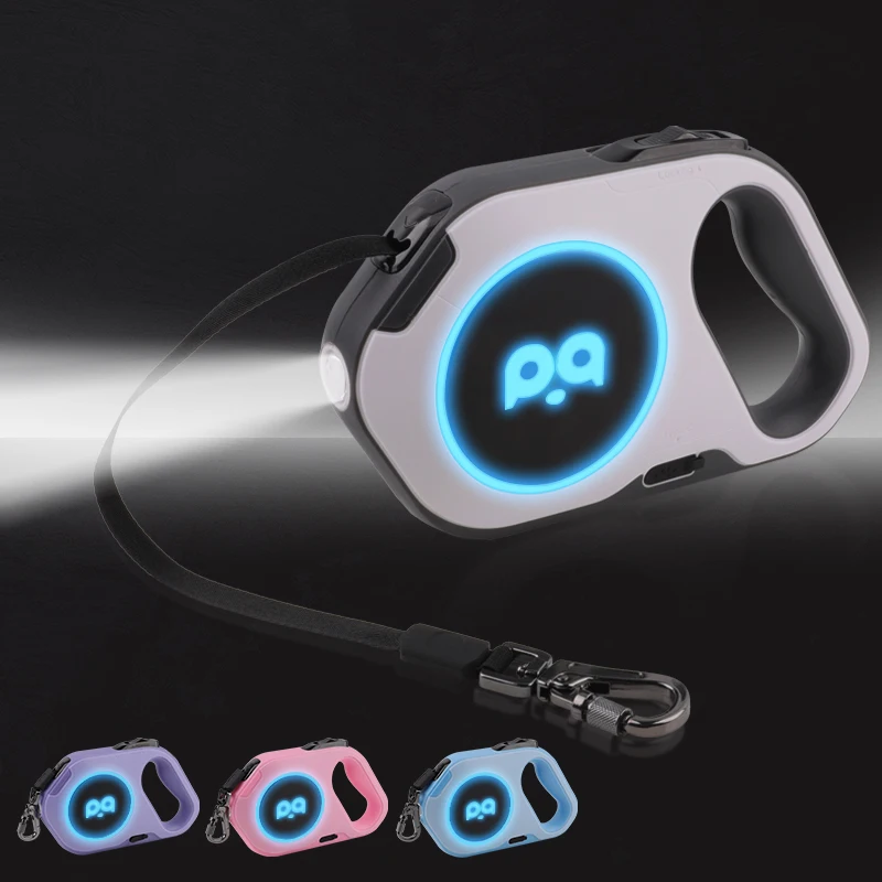 Retractable Dog Leash with Rechargeable LED Light - Strong Nylon Tape for Night Walks up to 88lbs Pet - 360 Tangle-Free
