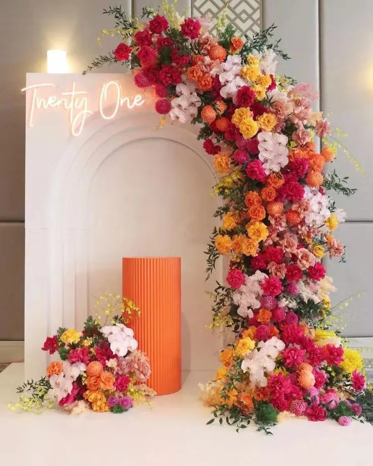 IFG Floral Arch with Tropical Fuchsia Pink Orange Rose Hydrangea Flowers for Easter Back to School Wedding Backdrop Decor