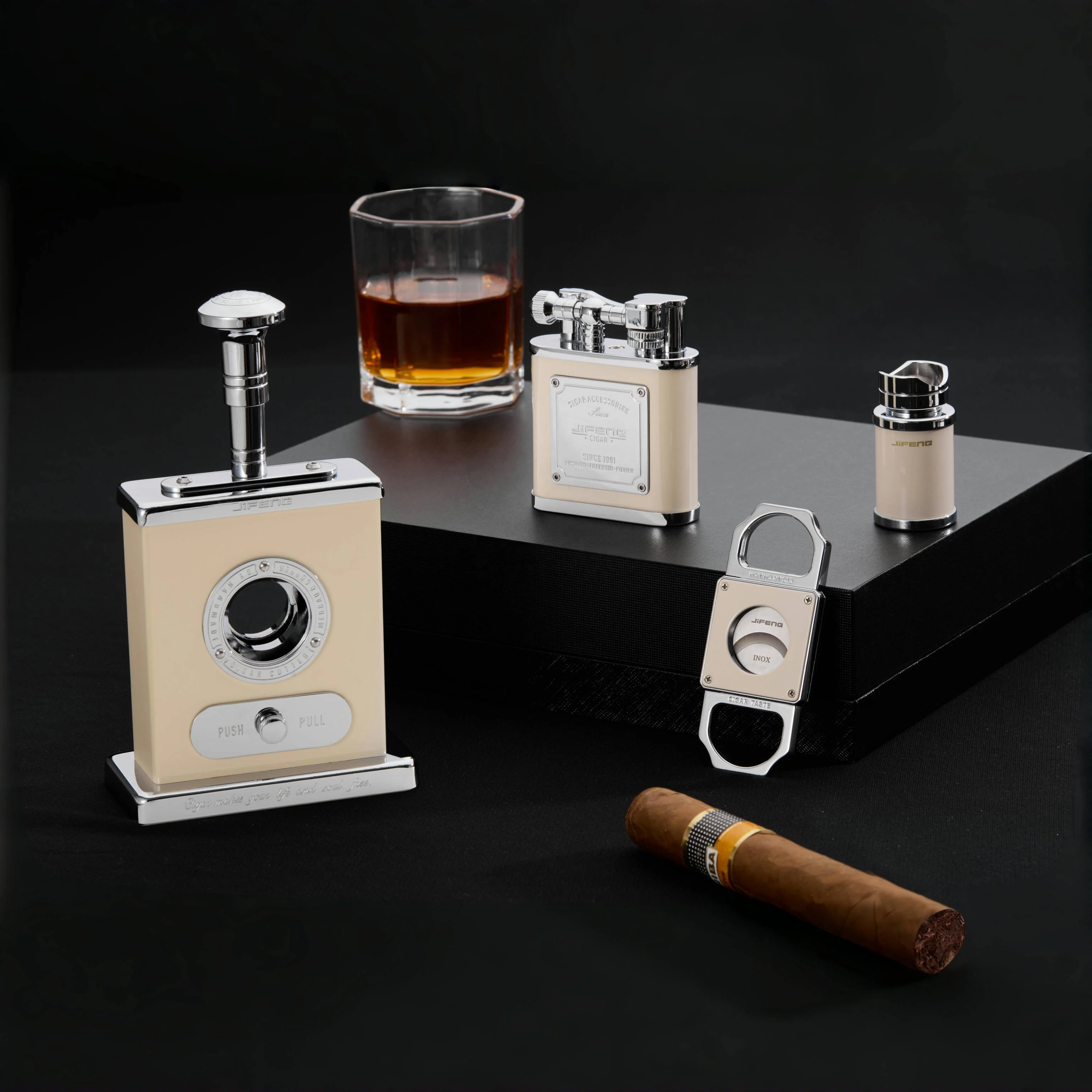 JIFENG JF-TZ263 New arrival popular color luxury business gift for cigar lover metal cigar cutter and lighter gift set accessory