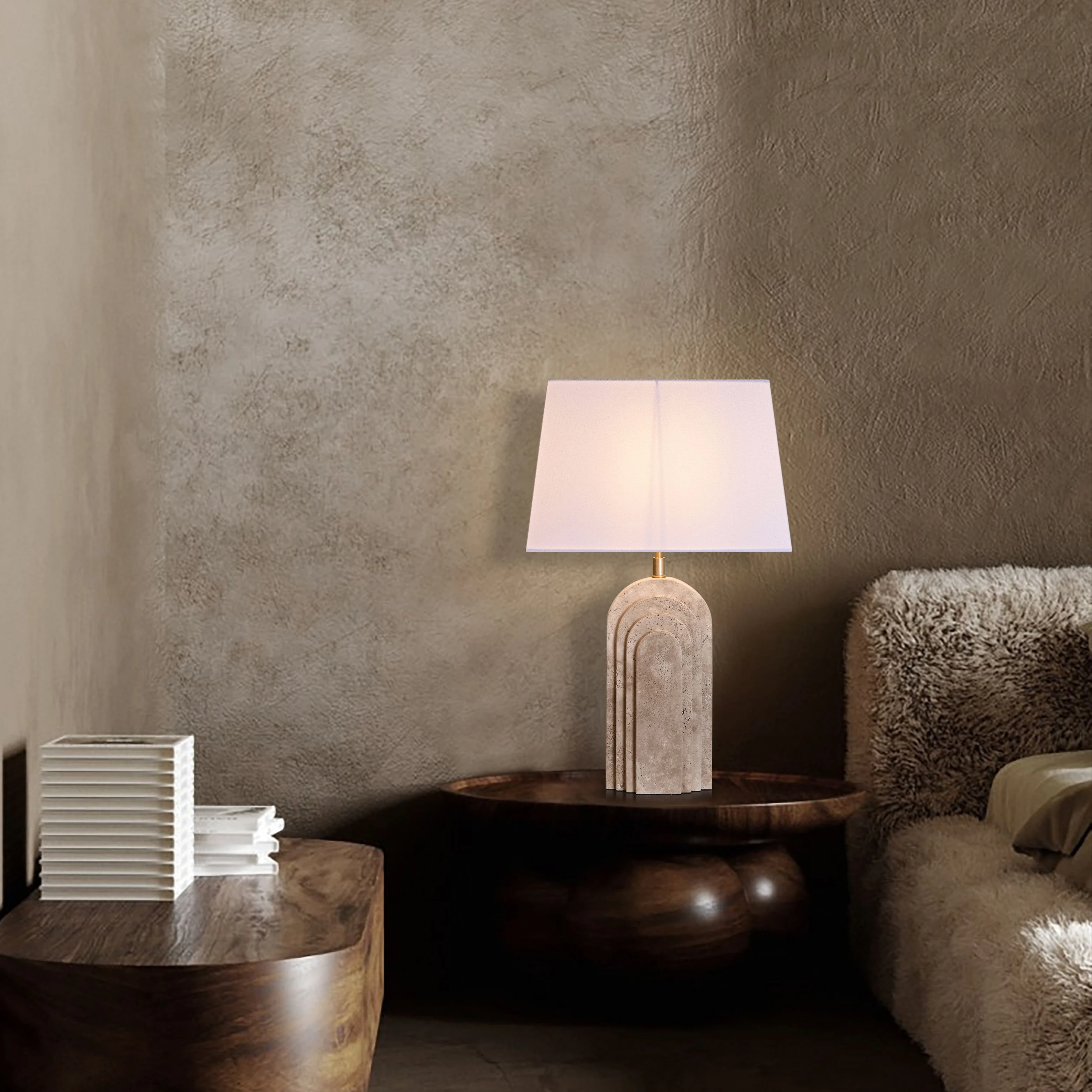 Arched Layers Retro Natural Style Home Lounge Room Solid Travertine Mable Stone Base Dimmable Desk Table Lamp