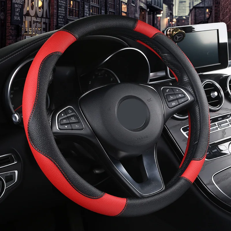 New 38cm Round And D Shape Leather With Carbon Fiber Steering Wheel Cover With Rubber Ring For Universal Car