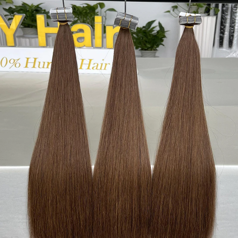 Tape in Raw Brazilian Hair Super Double Drawn Color #4 Chocolate Brown Bone Straight Extensions