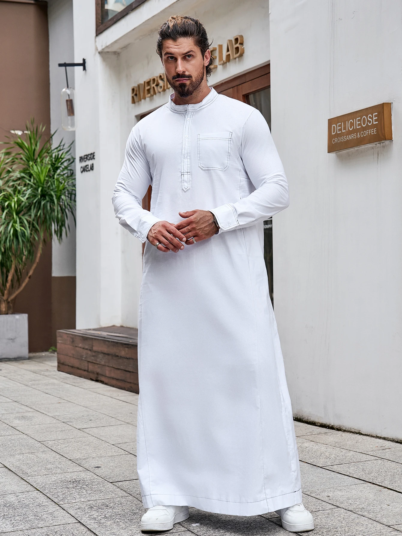Ramadan Muslim Middle East Arab Dubai Malaysian men color contrast pocket stand collar shirt robe