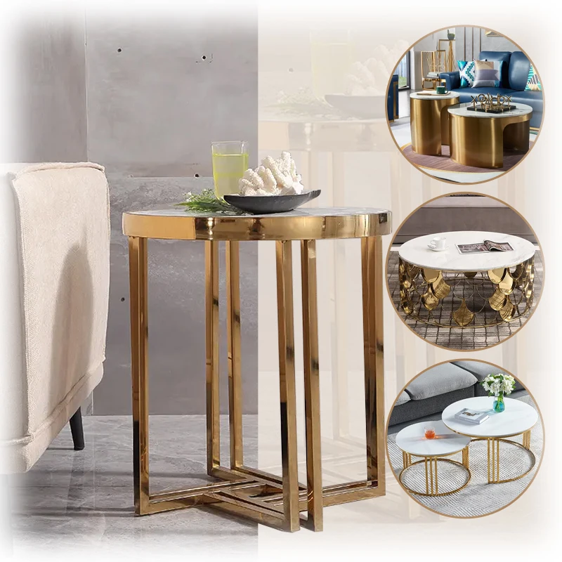Customized Sofa Side Round Marble Table Top Movable Balcony Tea Table All metal base Sofa Side Table