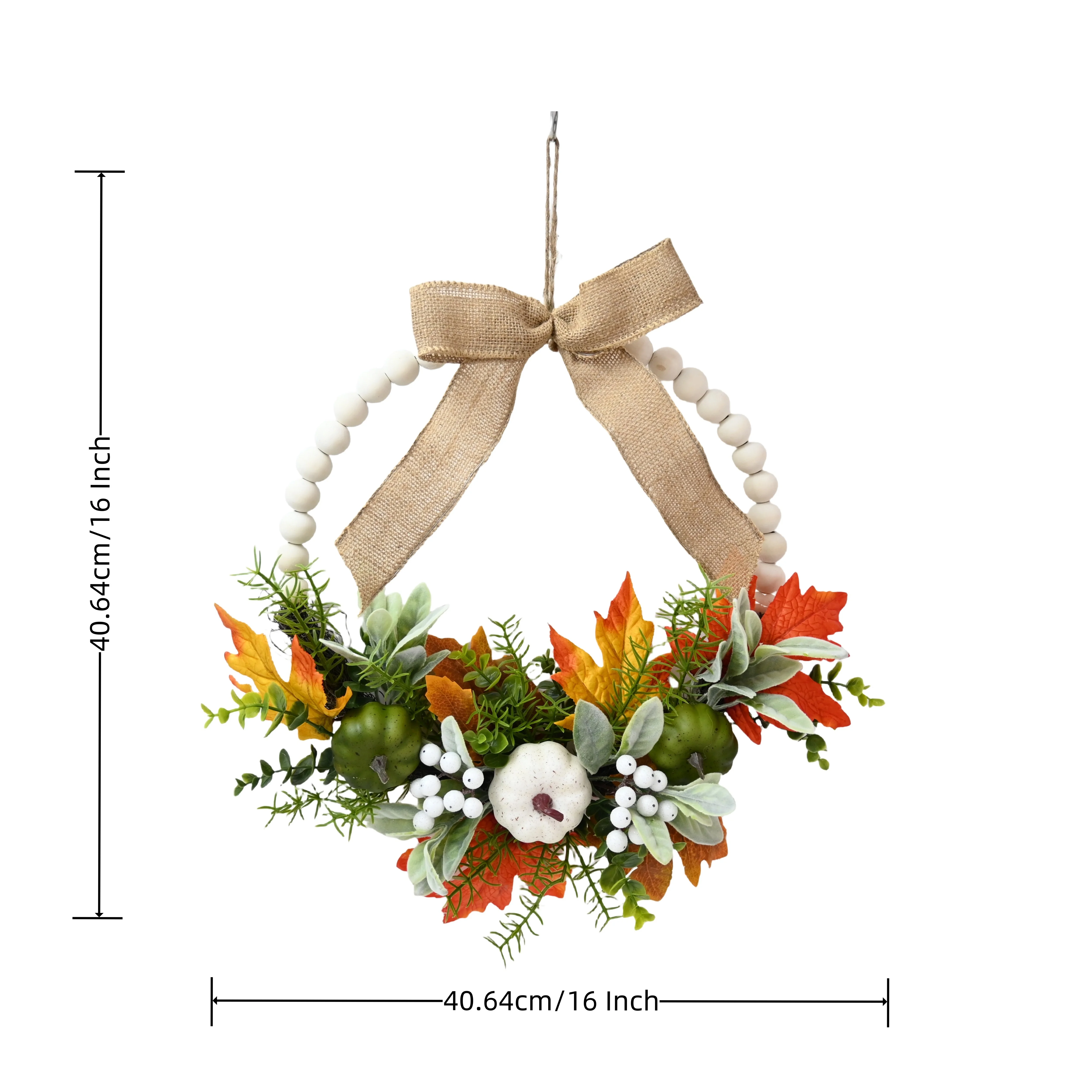 16 Inch Green White Pumpkin Wooden Bead Hoop For Farmhouse Hanging Wreath Door Sign Decoration