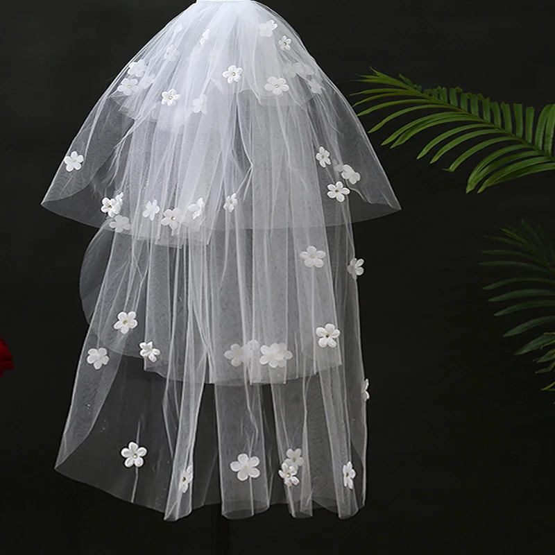 Bridal Veil 3d Flower Pearl Line Cathedral Wedding Veil Ivory Ribbon Comb Long High Quality Veil