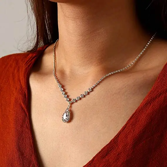 Bride Silver Necklace Earrings Set Crystal Bridal Wedding Jewelry Sets Rhinestone Choker Necklace Jewelry for Women and Girls