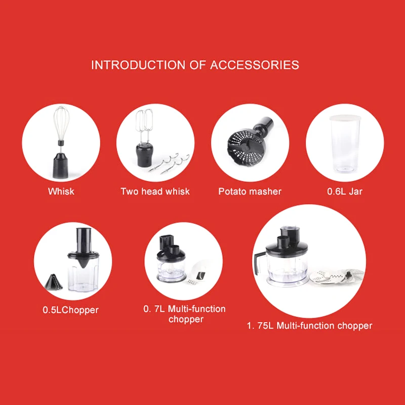 High Power Kitchen Electric Manual Immersion Hand Mixer Stick Portable Professional 5 in 1 Stick Hand Blender for Smoothie