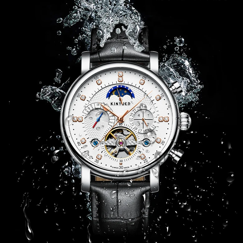 KINYUED Brand J025 White Dial Genuine Leather Watches Skeleton Moon Phase Waterproof Mechanical Men Wristwatches
