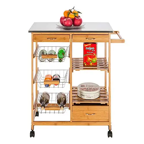 
natural bamboo wood kitchen island trolley cart with 4 wheels 