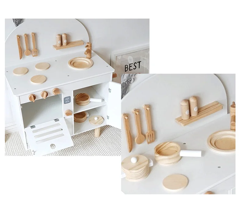 DIY Pretend Play Kitchen Wood Accessories Kitchen Toy Set And Refrigerator