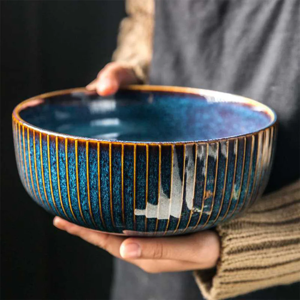Wholesale Kiln Turned Glaze Blue Creative Personality Nordic Relief Sculpture Coated Metal Round Unique Ceramic Salad Bowl