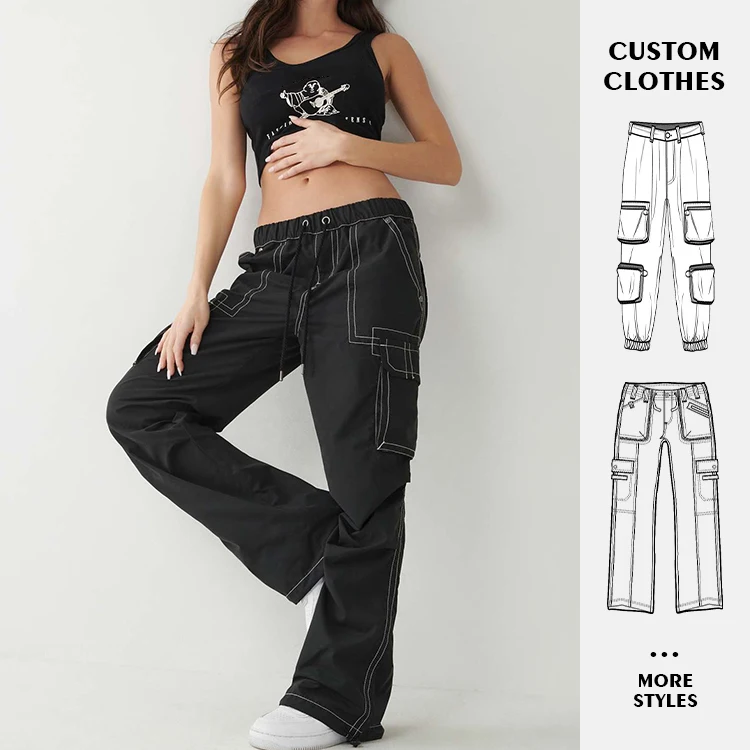Custom OEM Manufacturer Vintage Pockets High Waist Streetwear baggy Casual ladies Long parachute Cargo Pant for women Trousers