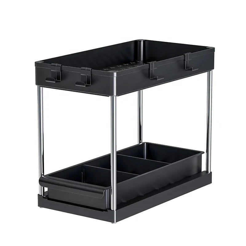 Sliding Cabinet Basket Organizer 2 Tier Under Bathroom Storage Rack with Hooks Under Sink Organizer with Drawer