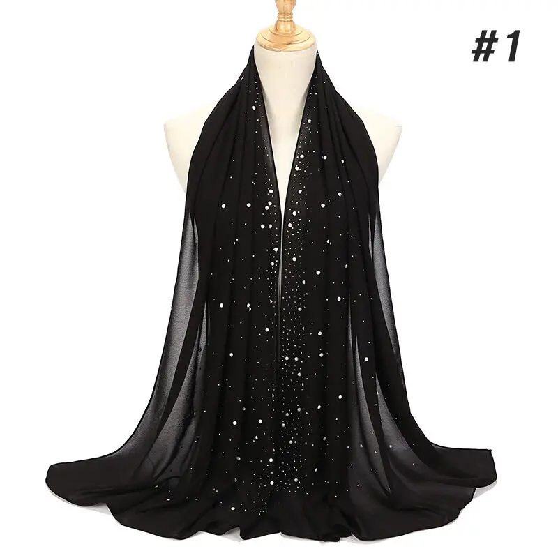 High Quality Plain Bubble Chiffon Hijab Shawl Pashmina Tudung Shiny Starry Rhinestone White Pearls Turban Shawls Scarf