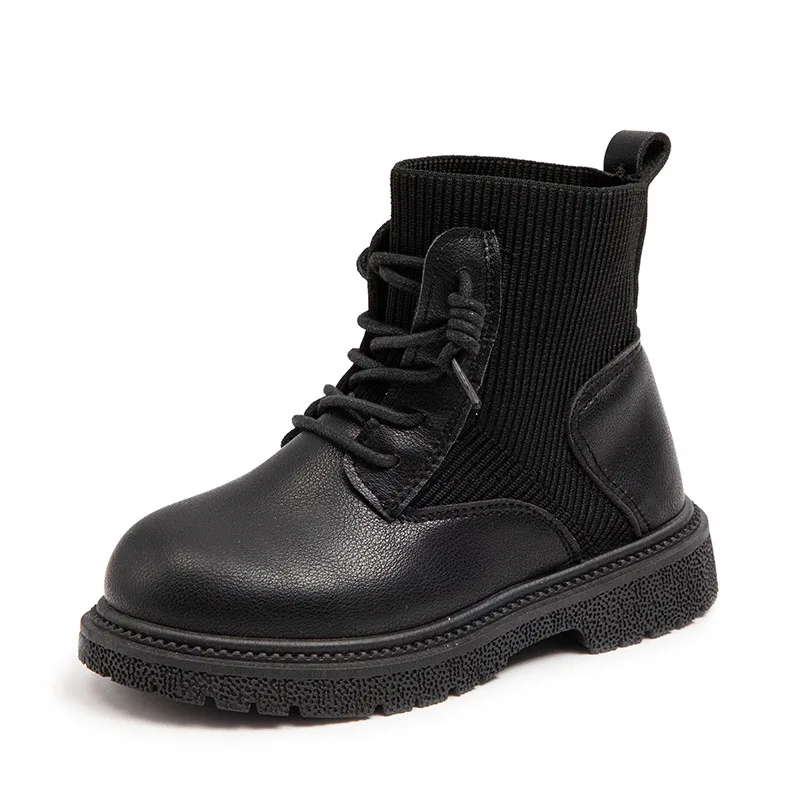 2021 New Fashion Trend Leather Girls Boots Lace-up Ankle Sock Autumn And Spring