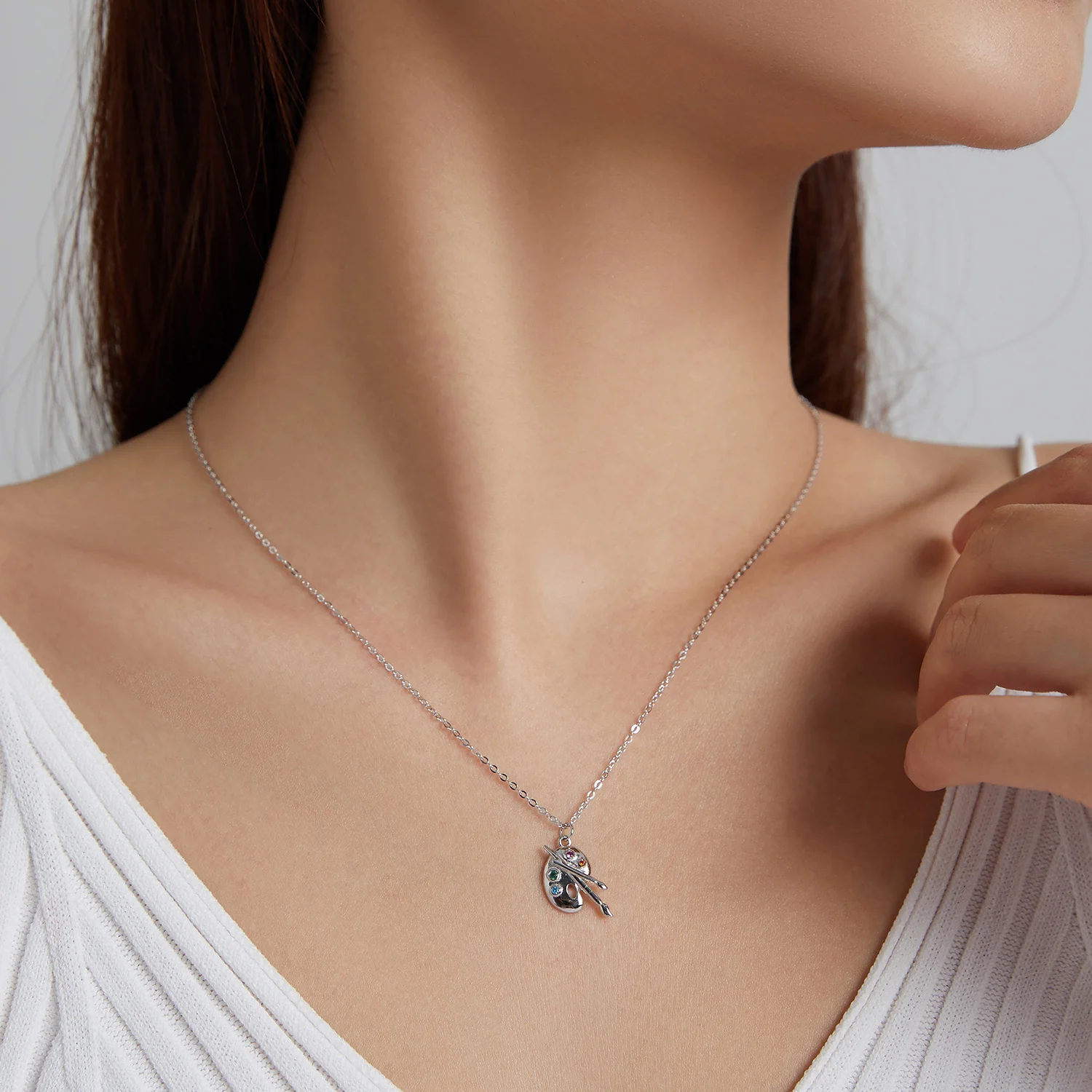 LEICARE White Gold Plated Charm Jewelry 925 Sterling Silver Palette Dangle Pendant Chain Necklace with CZ Gemstone