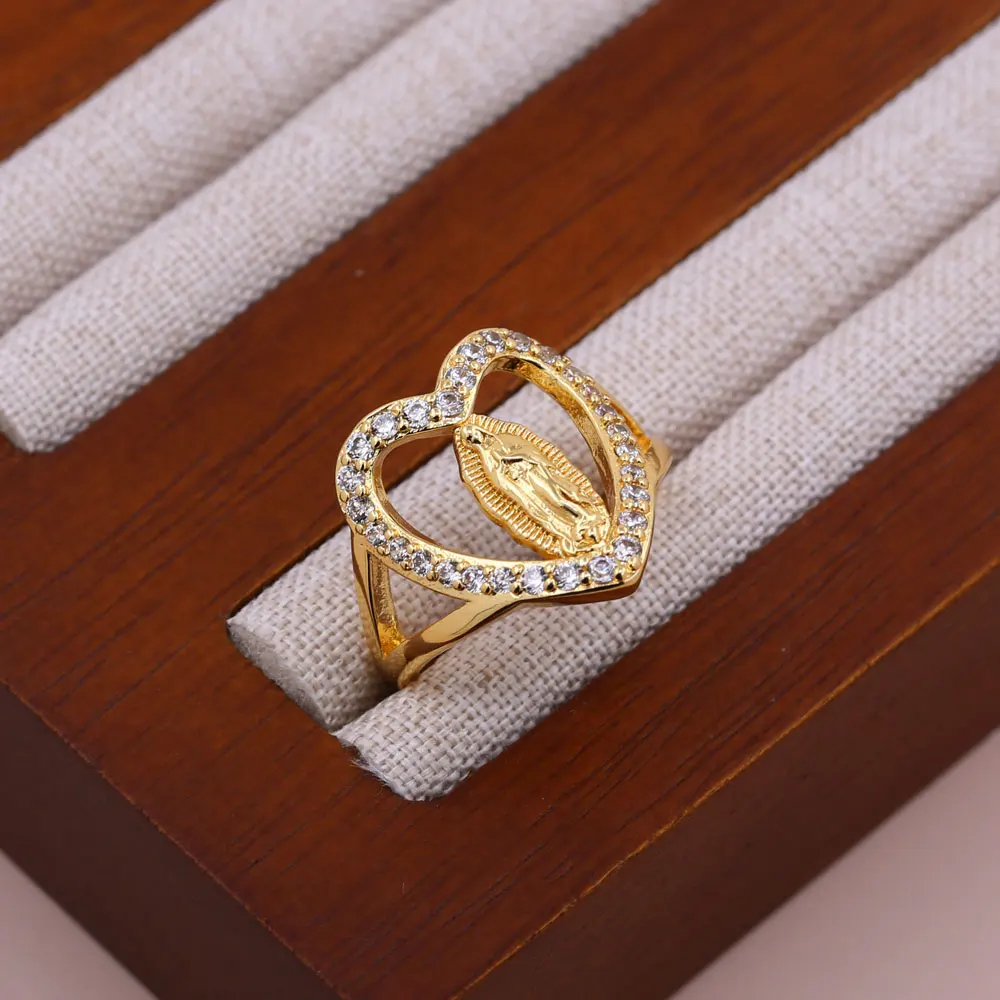 Wholesale Catholic Religious Jewelry Items Gold Plated Open Cuff Micro Pave Cubic Zirconia Virgin Mary Rings Catholic Jewelry