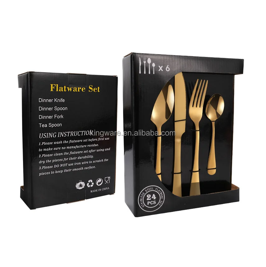 Premium gift luxury dinnerware spoon fork knife tea spoon dessert 18/8 stainless steel gold cutlery 20pcs flatware set with box