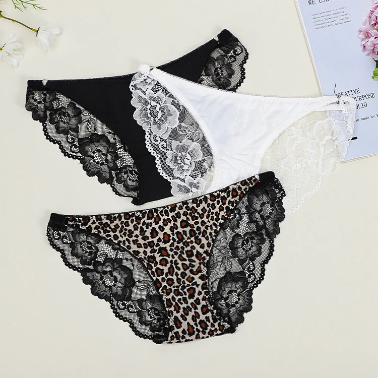 UOKIN Sexy low waist leopard print lace panties mature lady women beautiful lace seamless ice silk nylon panties