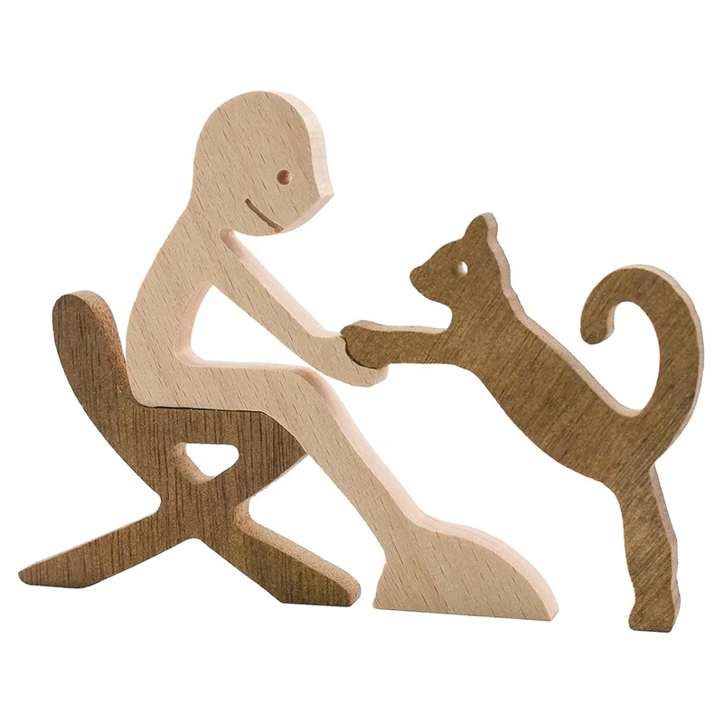 Home Office Decor Tabletop Decorative Ornaments Cat Figurines and Human Statue Wood Sculpture Wooden Pet Carvings