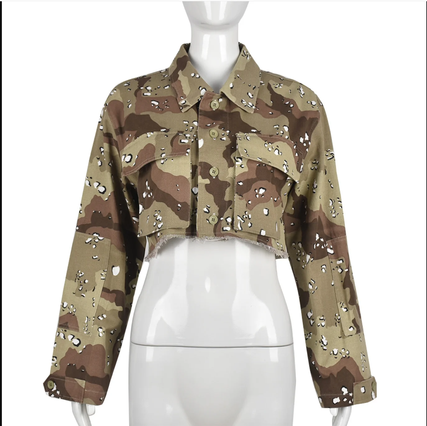 2022 European and American autumn and winter camouflage pocket cardigan outdoor washing long sleeve short coat