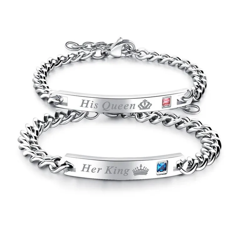 European Hot Selling Lover Jewelry Stainless Steel Adjustable Link Engraving His Queen Her King Couple Bracelet