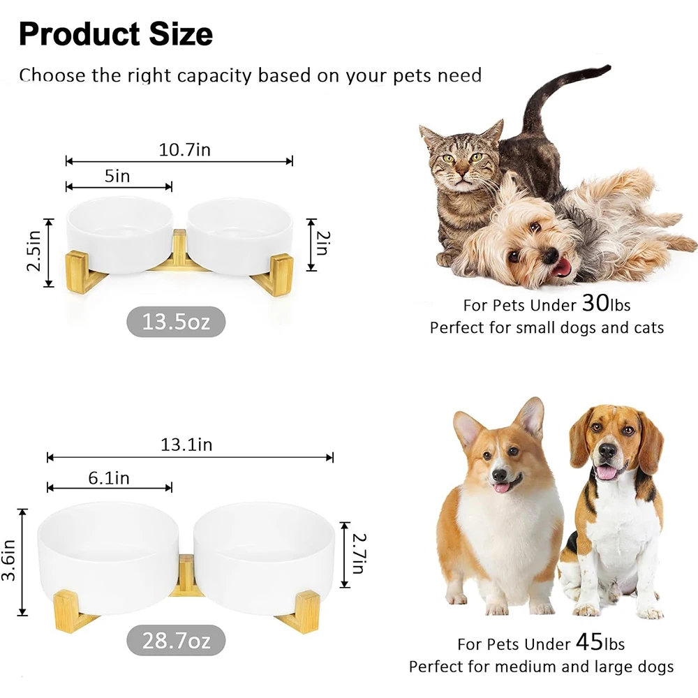 Dog Bowls Ceramic Small Cats Food Water Bowl Set with Wooden Stand Puppy Bowls for Dogs and Cats White Dog Dishes Pet Feeding