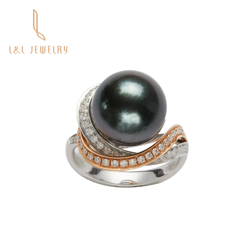 Hot selling Luxury design 18K gold nature seawater Tahiti black pearl ring with real diamond woman gift jewelry wedding party