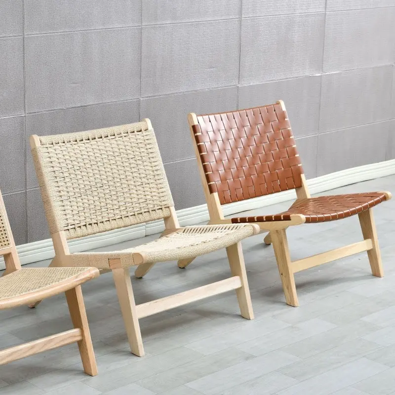 Nordic leather woven solo sofa chair Solid wood frame leisure chair armchair for home hotel furniture