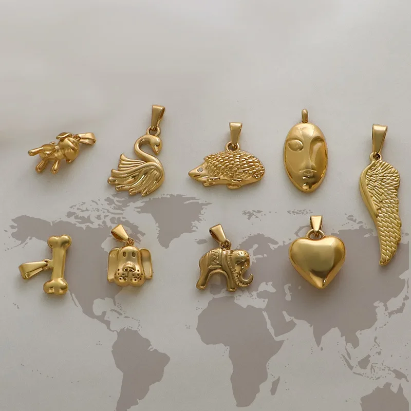 Gold Stainless Steel Cute Pendant Dog Elephant Hedgehog Love Bone Wings fashion jewelry pendants charms for jewelry making