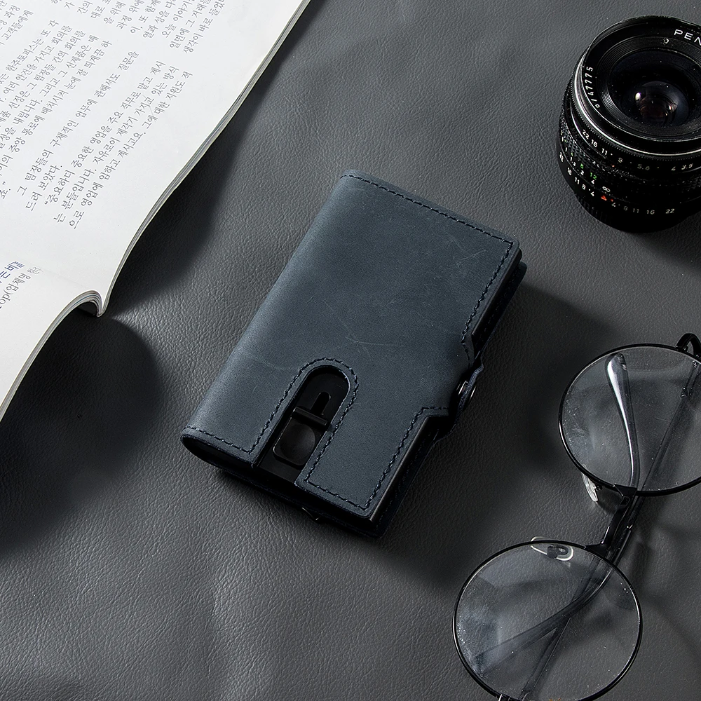 Dropshipping Custom Genuine Real Leather Metal Smart Card Holder Rfid Secure Pop Up Business Wallet with Money Strap and Zipper