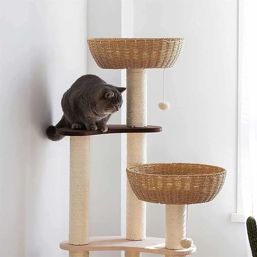 MPJ010 Luxury Multilayer Pet Play Furniture Activity Center Cat Condo Cat Scratching Post Rattan Woven Solid Wood Cat Tree